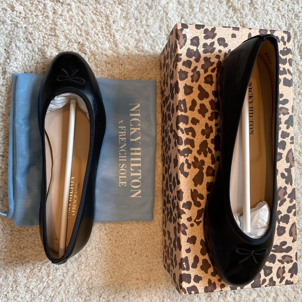 Black Leather Nicky Hilton x French Sole Ballerina Shoes
